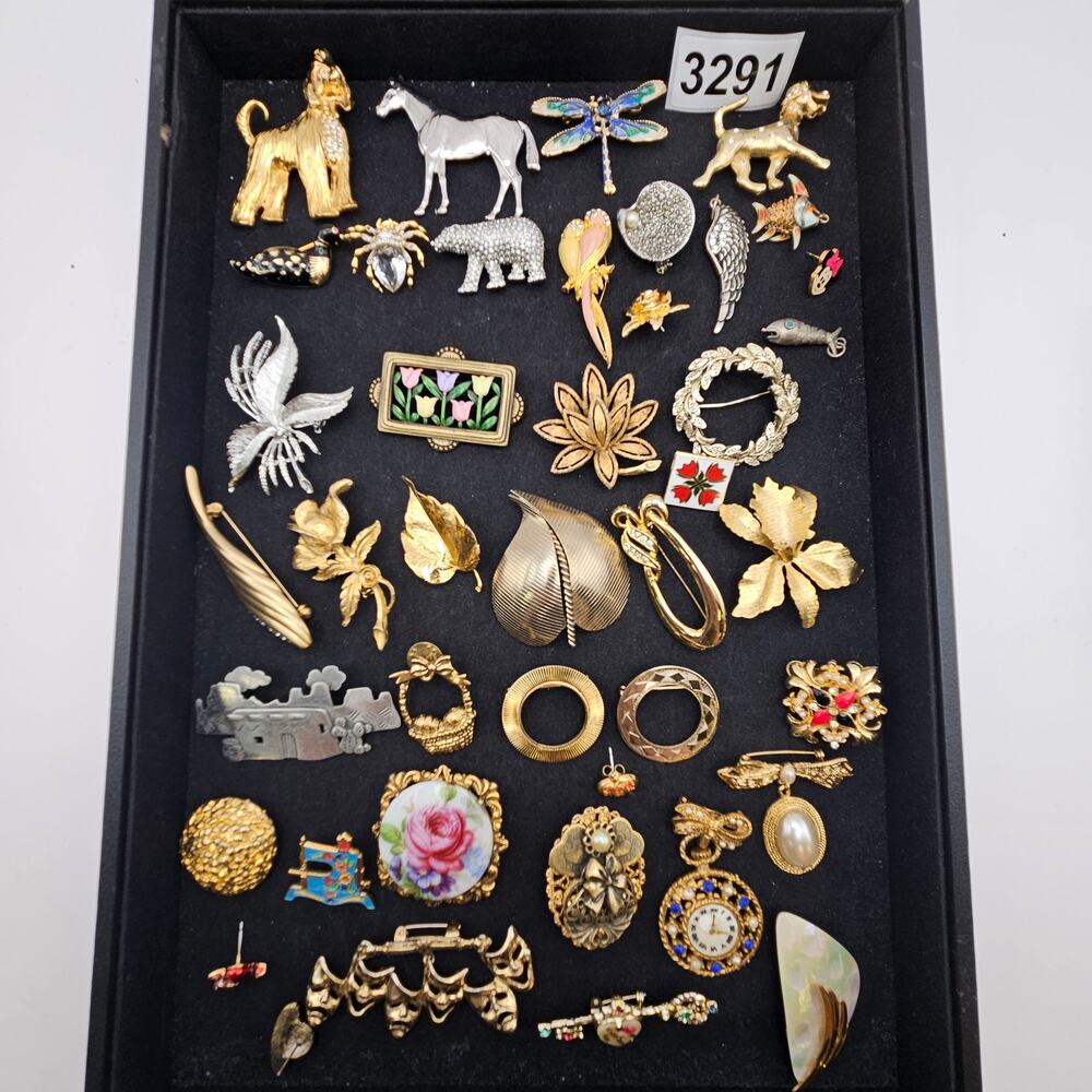 VINTAGE BROOCH LOT ANIMAL FLORAL RHINESTONE  ENAMEL GOLD TONE COSTUME JEWELRY